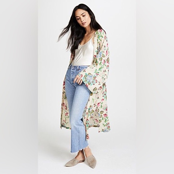 Free People Tops - Free People Cream Floral Beaded Sequin Kimono Duster Women’s Size S